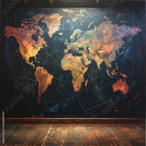 Vintage World Map Mural with Textured Earth Tones and Dark Background.