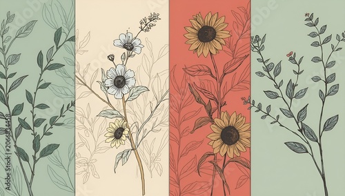 Vintage hand-drawn botanical banner set with sunflowers and wild floral line art in pastel vertical panels