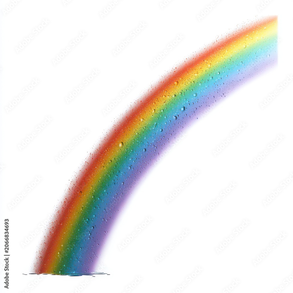 Naklejka premium Vibrant Rainbow Arc: A luminous rainbow arching across a bright sky, adorned with glistening water droplets, symbolizing hope and the beauty of nature.