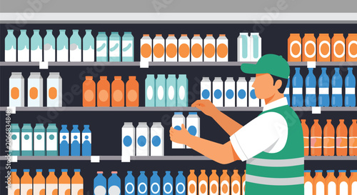 Professional retail worker in a green safety vest stocking bottles and cartons on shelves of a grocery store aisle.