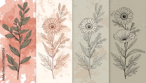 Elegant Botanical Line Art Set Featuring Hand Drawn Floral Illustrations With Soft Watercolor Textures and Rustic Earth Tones for Artistic Projects