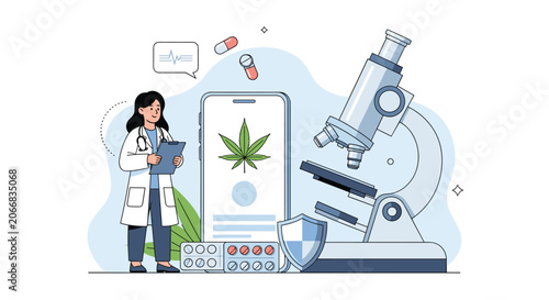 Scientist researching cannabis benefits using microscope and mobile technology to develop pharmaceutical drugs for healthcare treatments.