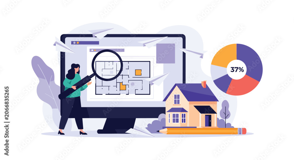 Obraz premium Architect or interior designer analyzing house floor plan and market data on screen with magnifying glass for renovation.