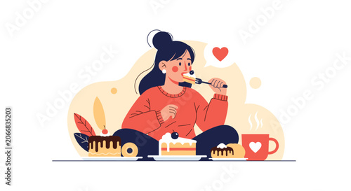Happy young woman enjoying delicious dessert assortment including chocolate cakes and donuts during sweet meal time.