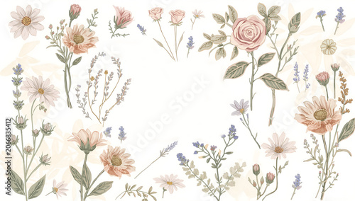 Delicate Vintage Watercolor Floral Elements with Hand Drawn Wildflowers and Rose Bouquet Illustration