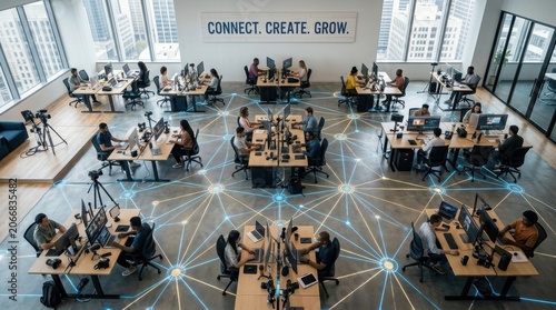 High-angle view of diverse professionals working at computer desks in a modern open-plan creative office featuring digital network graphic overlays and urban city views through windows.