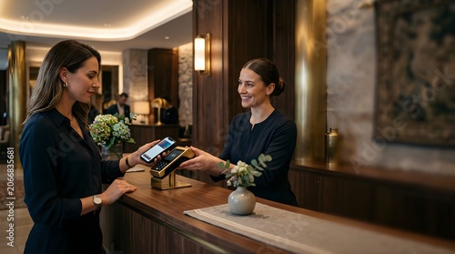 Female guest paying with smartphone at luxury hotel reception desk