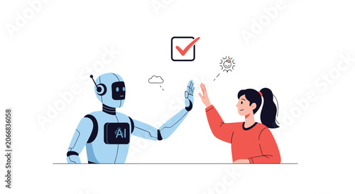 Human and AI collaboration shown by a robot and woman sharing a high five to celebrate a job well done with a green checkmark.