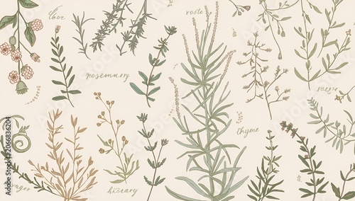 A charming botanical collection of hand-drawn aromatic herbs and plants, meticulously illustrated with a vintage aesthetic, perfect for natural and culinary designs