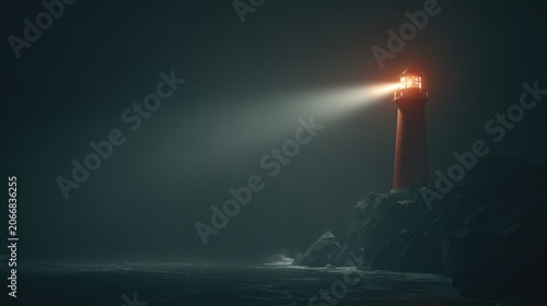 Beacon in the Fog: A solitary lighthouse stands tall on a rocky coast, its powerful beam cutting through the dense fog, guiding ships safely through the darkness. A symbol of hope and resilience.