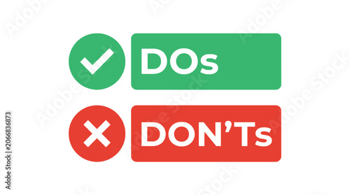 Simple vector graphic illustration showing green dos checkmark and red don'ts cross sign