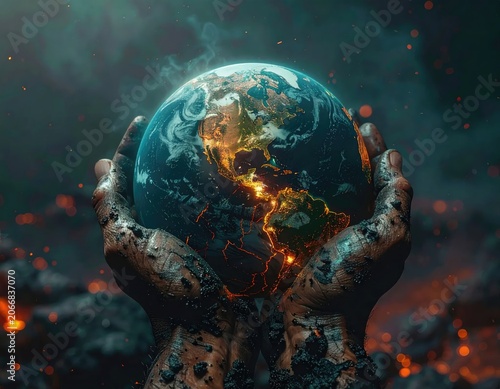 Hands holding a burning planet Earth in a dark, apocalyptic landscape.