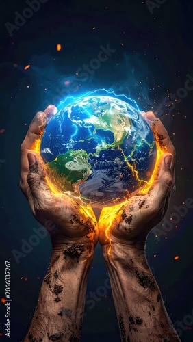 Human Hands Holding a Glowing Earth in a Cosmic Setting.