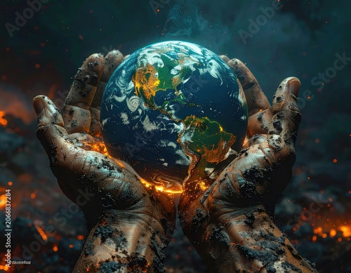 Hands of God holding the Earth in a cosmic, fiery environment.