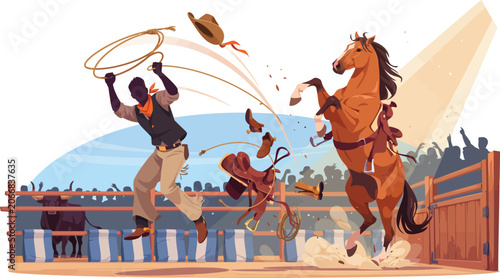 Vászonkép Cowboy with lasso in mid-air and bucking horse in rodeo arena with cheering crow