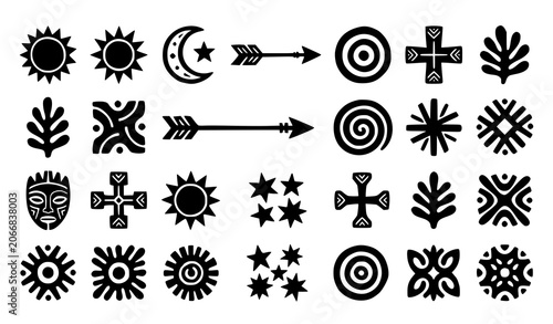 Konstfotografi Abstract linocut geometric symbols vector set with primitive folk cutout black i