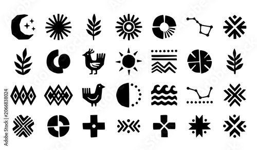 Tableau sur toile Black primitive geometric symbol bundle with linocut folk icons for branding and