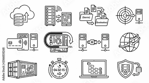 Set of data center and cloud computing technology line icons.