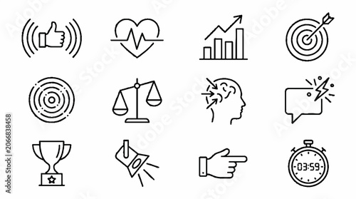 Set of business and productivity line icons including target heart rate and trophy.