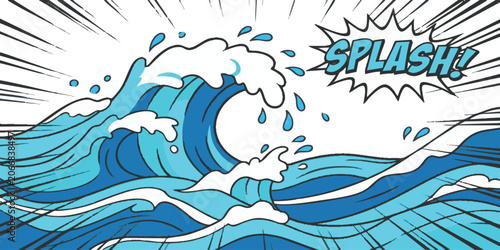 Foto Big blue ocean wave crashing with splash text in a fun retro comic book style il