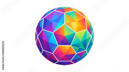 A vibrant, multicolored geodesic sphere design, showcasing a spectrum of bright colors with a low-polygon geometric aesthetic.