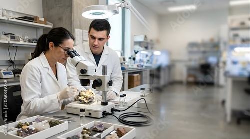 Scientists examining minerals with a microscope in a laboratory setting
