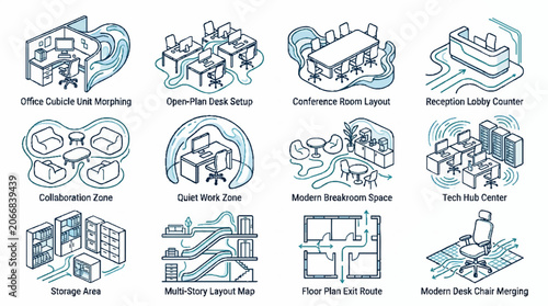 Modern Office Interior Design Isometric Icons Set with Workspace Layouts and Furniture.