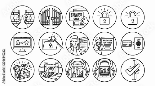 Premium Content and Digital Access Security Icon Set in Hand Drawn Sketch Style.