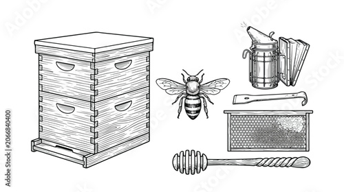 Fotografía Set of Beekeeping Equipment Hand Drawn Engraving Style Vector Illustration
