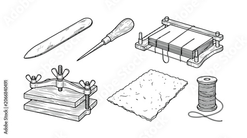 Obraz na plátně Set of 6 Bookbinding Tools and Supplies Vector Illustration