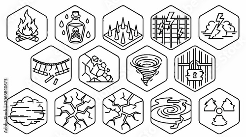 Set of hexagonal hazard and natural disaster line icons representing various environmental and safety risks.