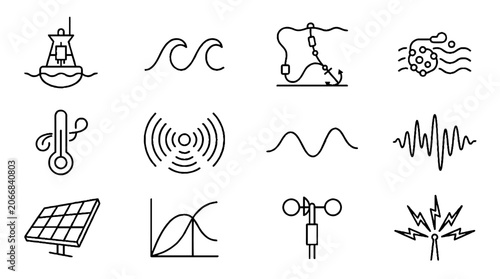 Ocean Energy and Marine Technology Line Icon Set Representing Renewable Resources.