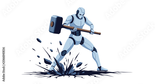 Powerful robot swinging a large sledgehammer and smashing the ground with debris flying everywhere for construction theme.