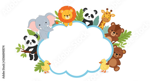 Collection of cute cartoon jungle animals including a lion, panda, giraffe, and elephant gathered around a blank cloud-shaped frame.
