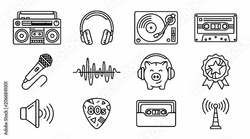 Retro music and audio equipment line art icons set featuring boombox turntable and cassette.