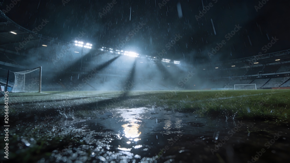 Fototapeta premium Dramatic night view of an empty football stadium during heavy rain with bright floodlights.