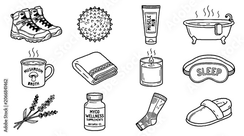 Self Care and Wellness Lifestyle Hand Drawn Icon Set in Black and White.