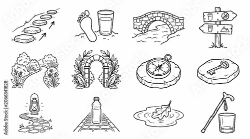Hand drawn adventure and hiking icons set in black and white sketch style.