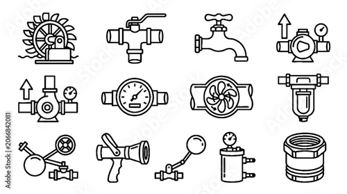 Industrial plumbing and water system icons set in black line art style.