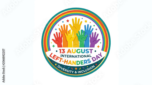 International Left-Handers Day, August 13, colorful handprint logo, diversity and inclusion symbol, rainbow background