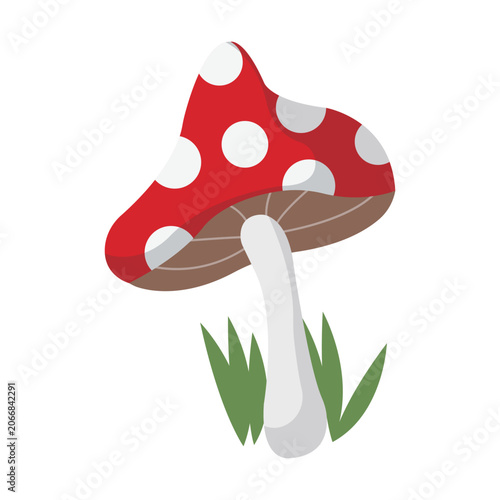 Slika na platnu Cute pointy red spotted mushroom with grass, isolated woodland element