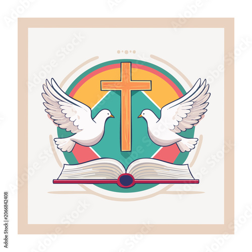 Cross with Doves and Open Book Illustration