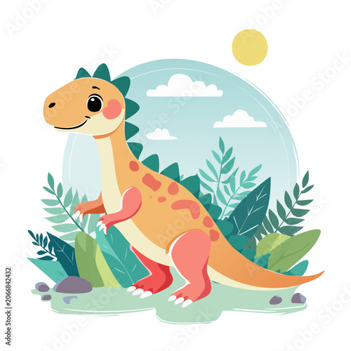 Cute cartoon dinosaur illustration with plants and sun