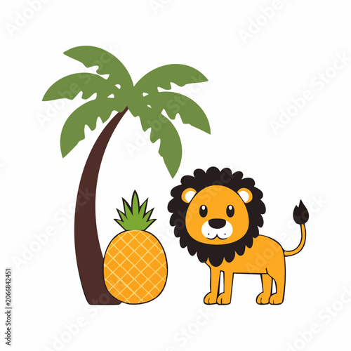 Cute cartoon lion with pineapple and palm tree
