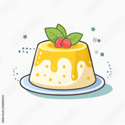 Cute Cartoon Pudding with Strawberries and Mint