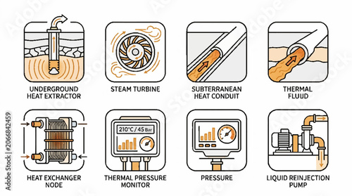 Geothermal Energy Production System Icons Set Representing Sustainable Power Generation Technology.