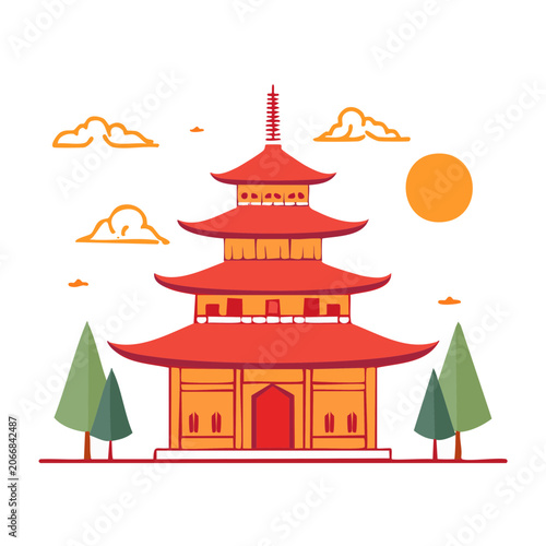 Flat design illustration of a red pagoda with sun and clouds