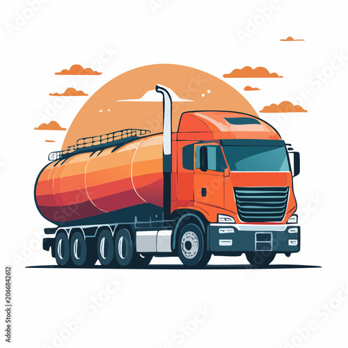 Orange tanker truck illustration with clouds and sun