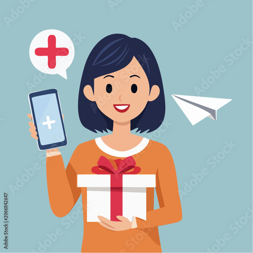 Woman holding gift box and smartphone with plus sign