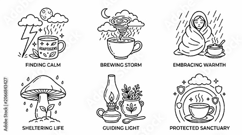Hand drawn cozy mental health and self care line art icons set.